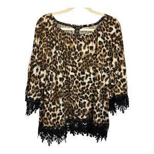 Ali Miles Blouse Women's Size Large Cheetah Print‎ Lace Animal Print